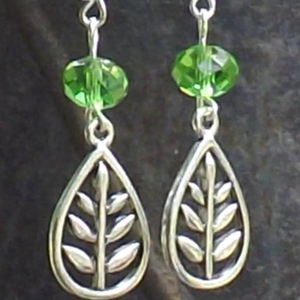 4/$25 ~Silver & green crystal leaf shaped earrings